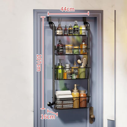 4 Layers Pantry over the Door Organizer with 2 suction cups, Metal over the Door Spice Rack with Adjustable Baskets, Behind Door Organizer Hanging- for Kitchen Laundry Bathroom (Black)