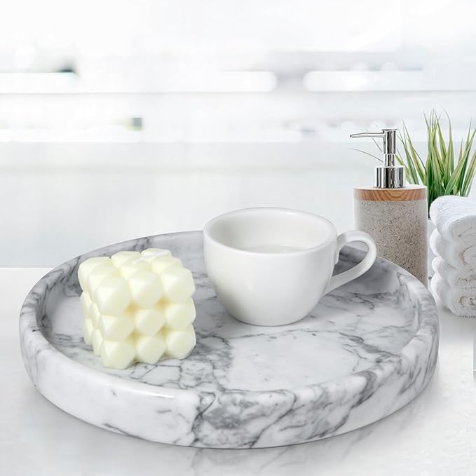 Round Natural Marble Tray for Bathroom, 10" Decorative White Marble Tray for Home, Bathroom Vanity Tray and Elegant Marble Serving Tray