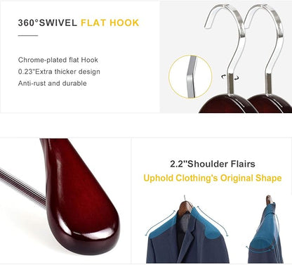 TOPIA HANGER Set of 6 Luxury Mahogany Wooden Coat Hangers, Premium Wood Suit Hangers, Glossy Finish with Extra-Wide Shoulder, Thicker Chrome Hooks & Anti-Slip Bar CT02M