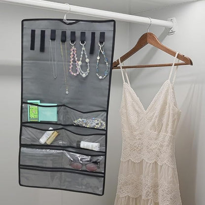 Double-Sided Hanging Jewelry Organizer with 48 Pockets and 8 Hooks – Versatile Accessories Holder for Earrings, Necklaces, Rings, Glasses