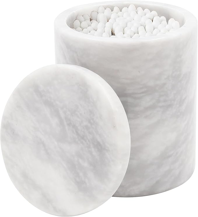 Marble Q-Tip Holder for Bathroom, White Cotton Swab Dispenser, Luxury Bathroom Accessories Countertop Organizer for Cotton Balls & Cotton Rounds, Bathroom Counter Storage Canister