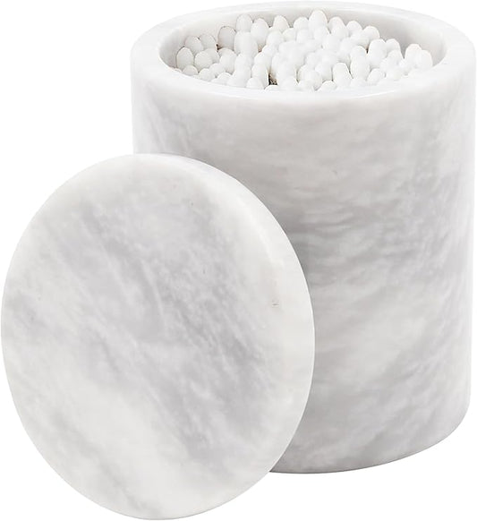 Marble Q-Tip Holder for Bathroom, White Cotton Swab Dispenser, Luxury Bathroom Accessories Countertop Organizer for Cotton Balls & Cotton Rounds, Bathroom Counter Storage Canister