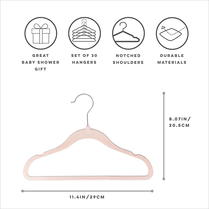 3 Sprouts Velvet Baby Hangers - Non-Slip Hangers for Infant and Toddler Clothes - Slim Space-Saving Design with Nordic Colors for Nursery - 30 Pack - Pink
