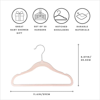 3 Sprouts Velvet Baby Hangers - Non-Slip Hangers for Infant and Toddler Clothes - Slim Space-Saving Design with Nordic Colors for Nursery - 30 Pack - Pink