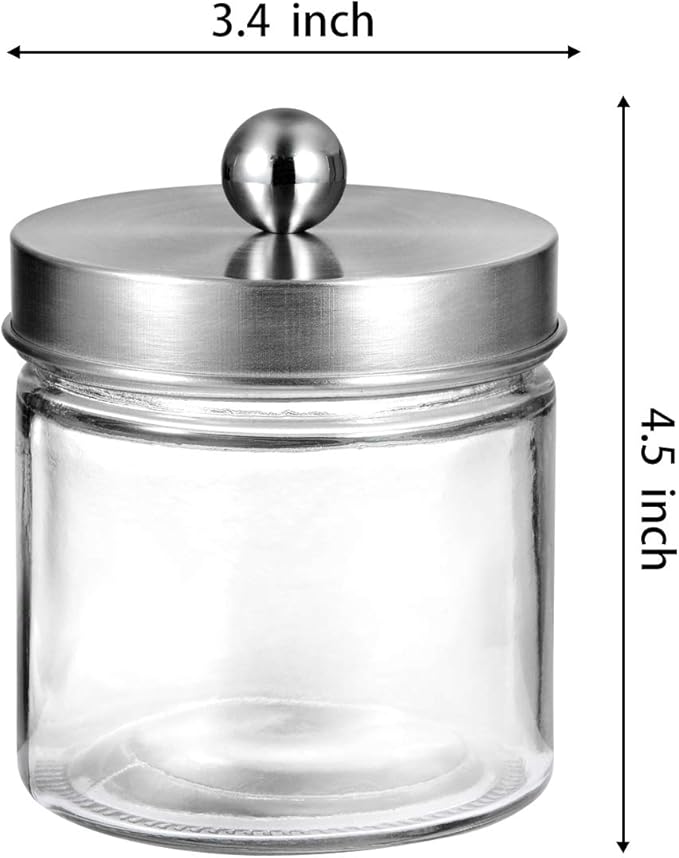 SheeChung 2-Pack Brushed Nickel Mason Jar Qtip Holder - Glass Apothecary Jars Bathroom Organizer - Rust-Proof Stainless Steel Lid for Cotton Swabs, Balls, Pads, Flossers - Modern Farmhouse Decor