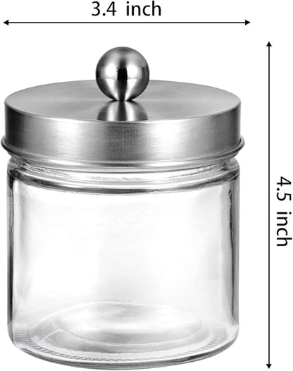 SheeChung 2-Pack Brushed Nickel Mason Jar Qtip Holder - Glass Apothecary Jars Bathroom Organizer - Rust-Proof Stainless Steel Lid for Cotton Swabs, Balls, Pads, Flossers - Modern Farmhouse Decor