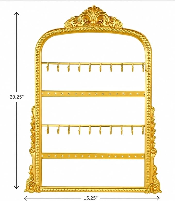 Vintage Gold Jewelry Organizer Wall Mount, Victorian Style Decorative Frame with Multiple Hooks and Bars, Ornate Necklace Earring Display Holder