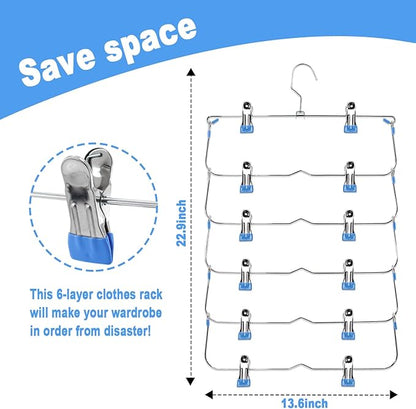 Skirt Pants Hangers with Clips,6Tier Skirt Hangers Space Saving,Metal Multi Pants Hangers and Storage Multi Clothes Shorts Hanger Organization,Space Saving Hangers with Clips (Blue, 4-Piece Set)