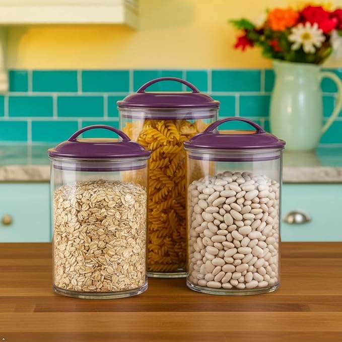 Reston Lloyd Food Storage Containers, BPA Free Airtight Canisters for Cereal, Pasta, Sugar, Coffee, Flour, Cookies, Loose Tea, for Kitchen Organization, Set of 3, Plum
