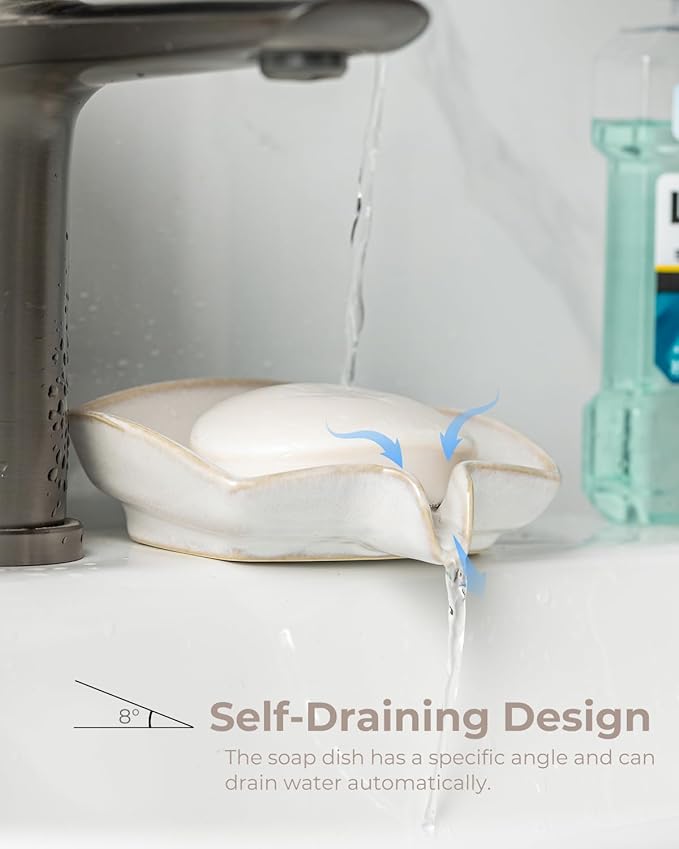 Soap Dishes, Ceramic Shower Soap Dish with Waterfall Design Bar Soap Holder Self Draining Soap Saver for Shower, Bathroom, Sink, Kitchen and Countertop, Beige White