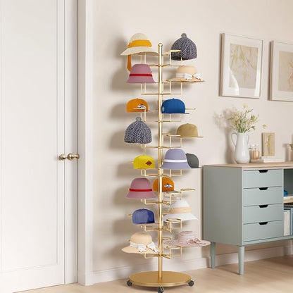 Standing Hat Rack Stand, Cowboy Hat Rack with 40 Hooks, 8 Tier Metal Hat Organizer Rack, Floor Hat Display Rack for Home Store Vendors(Gold,8 Tier)