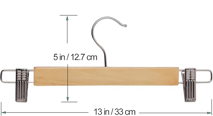 10-Pack Natural Finish Wooden Pant Skirt Hangers with 2-Adjustable Anti-Rust Clips
