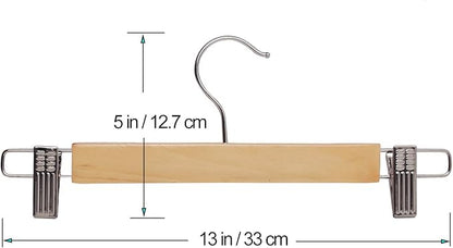 10-Pack Natural Finish Wooden Pant Skirt Hangers with 2-Adjustable Anti-Rust Clips