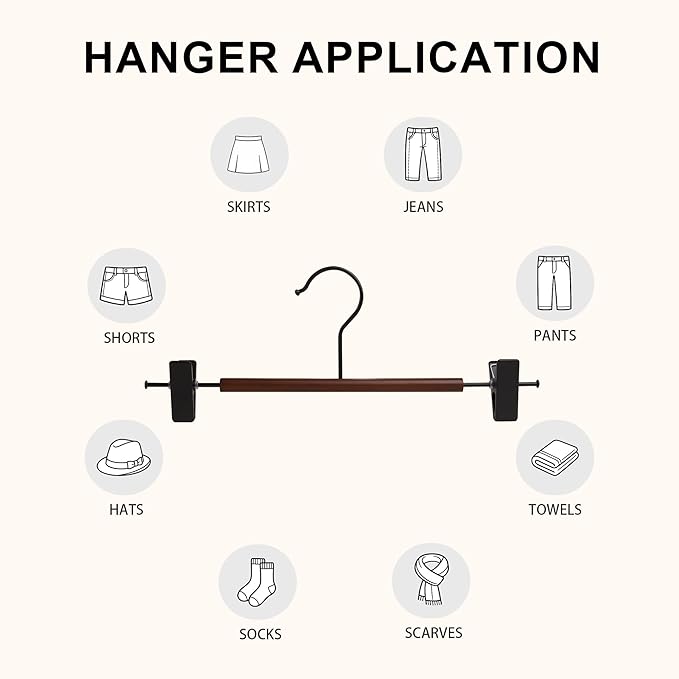 12-Pack Wire Pants Hangers with Adjustable Clips, Premium Wooden Skirt Hangers, Non-Slip Clamp Bottom Hangers for Trousers, Jeans, Shorts & Clothing Organization (Black)