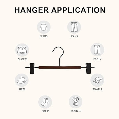12-Pack Wire Pants Hangers with Adjustable Clips, Premium Wooden Skirt Hangers, Non-Slip Clamp Bottom Hangers for Trousers, Jeans, Shorts & Clothing Organization (Black)