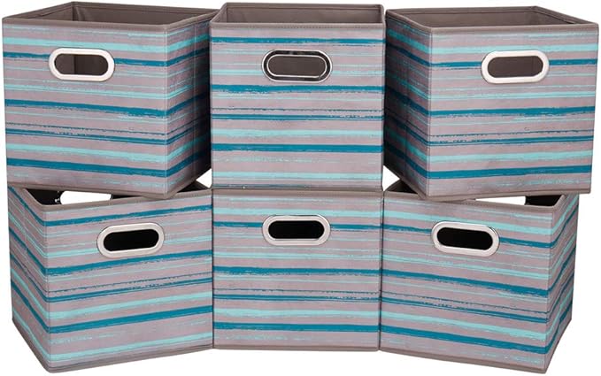 13 inch Collapsible Storage Cubes Bins Teal Stripes Fabric Storage Boxes Foldable Cube Inserts Storage Grey Printed Folding Cloth Storage Baskets Drawer Organizer ,QY-SC05-6