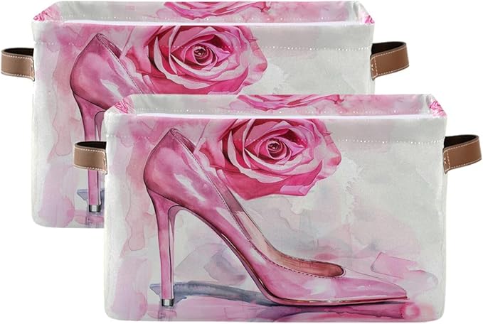 Large Storage Basket High Heel Pink Rose Storage Bin Cube Canvas Fabric Organizer Handles Collapsible for Clothes Toys Bedroom Decorative
