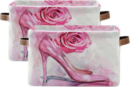 Large Storage Basket High Heel Pink Rose Storage Bin Cube Canvas Fabric Organizer Handles Collapsible for Clothes Toys Bedroom Decorative