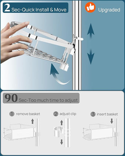 SEIRIONE Rustproof Shower Corner Caddy Organizer for Bathroom, 4 Adjustable Shelves with Tension Pole, for Bathtub Shampoo Accessories Storage Holder, 34 to 116 Inch Height, Silver
