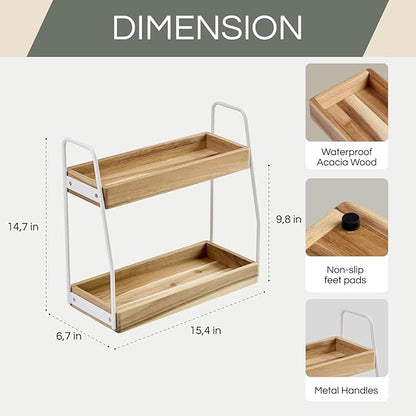 THYOI Acacia Wood 2-Tier Wooden Organizer Countertop, 15.4”x6.7”x14.6”, Natural White with White Steel, Two-Tier Bathroom Organizer, Storage Organizer, Wooden Organizer, Countertop Storage Shelf