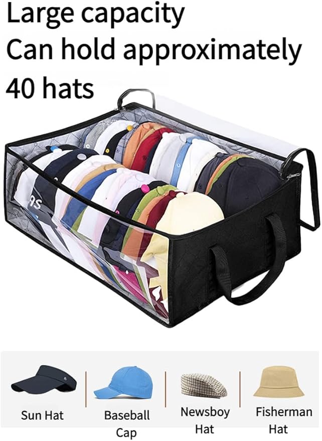 Transparent Non-Woven Hat Storage Foldable Bag – Large Capacity Cap Organizer with Handle for Baseball Hats, Beanies & Cowboy Hats (Black,16.1 x 5.5 x 19.7 Inch)
