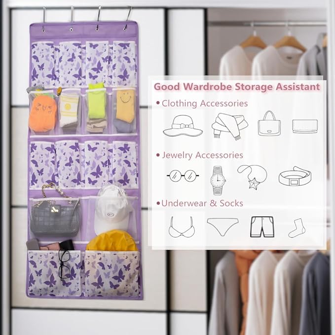 16 Pockets Over Door Hanging Storage Organizer with 4 Kinds Pouches for Shoes,Sock,Hat,Underwear,Handbag,Cosmetics,Toiletry,Behind Door Hanging Shelf Space-saving for Bathroom,Bedroom,Entrance,Purple