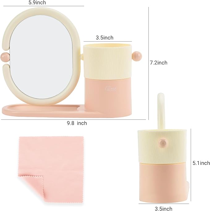 Desk Organizer with Magnifying HD Rotating Glass Mirror 360° Adjustable Dual-Purpose Makeup Brush Holder Pen Caddy, Pink & White ABS Storage for Office & Vanity Accessories+Free Lens Cloth