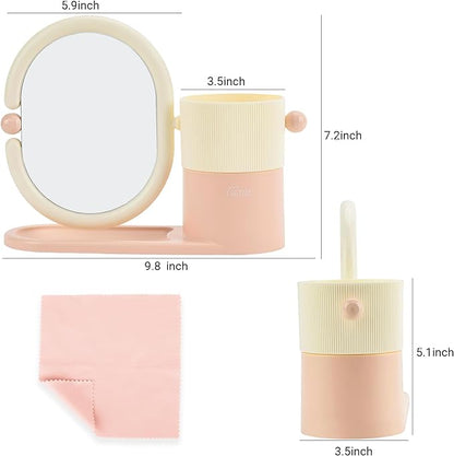 Desk Organizer with Magnifying HD Rotating Glass Mirror 360° Adjustable Dual-Purpose Makeup Brush Holder Pen Caddy, Pink & White ABS Storage for Office & Vanity Accessories+Free Lens Cloth