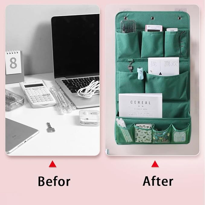 Hanging Organizer with Pockets – Wall & Door Storage Bag with 3 Sticky Hooks – Hanging Storage Organizer for Bathroom, Bedroom, Closet, Dorm, Washing Table (3Layer, Green)