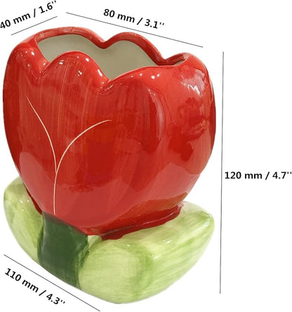 TANG SONG Ceramic Tulip Make up Brush Holder Flower Cosmetic Storage Box Pen and Pencil Holder Desktop Organizer (Red)