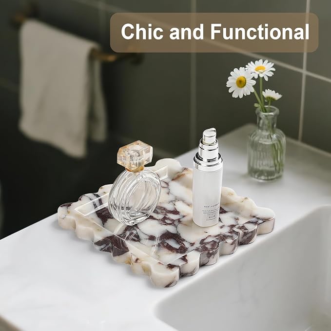 Natural Marble Vanity Tray - Moujings Genuine Marble Perfume Tray for Bathroom Decor, Stone Bathroom Vanity Organizer Tray for Kitchen Counter, Candles, Jewelry, Coffee, Makeup, Key