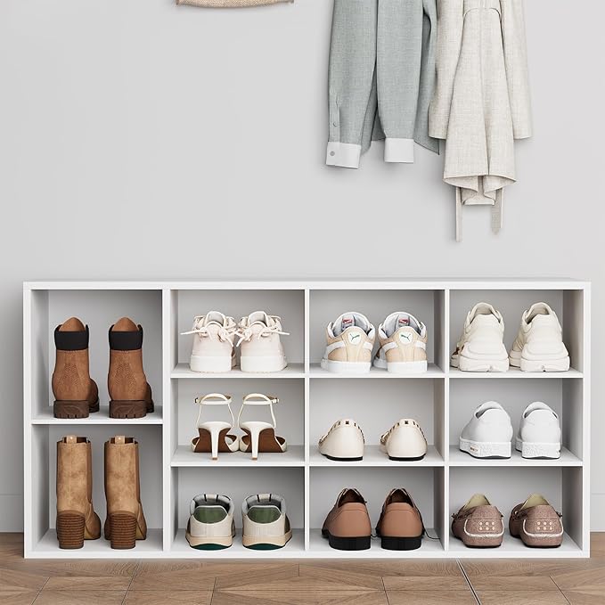 Aenuert 11-Cubby Shoe Rack, 3-Tier Wood Shoe Organizer, Multifunctional Shoe Organizer Bench for Entryway, Mudroom, Hallway, Closet,36.22 * 11.81 * 17.72 Inch,White