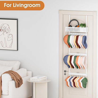3 Tier Over Door Hat Rack with Basket,Hat Organizer for Baseball Cap with 18 Hooks and 10 Movable Clips,Hat Hanger Storage Holds up to 30+ Caps for Door, Bedroom, Closet (White)