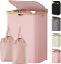 Lifewit 150L Double Laundry Hamper with Lid, Large Laundry Basket with Removable Bag & Bamboo Handles, Fodable Tall Dirty Clothes Hamper for Laundry Collapsible Bin for Bathroom Bedroom Dorm, Pink