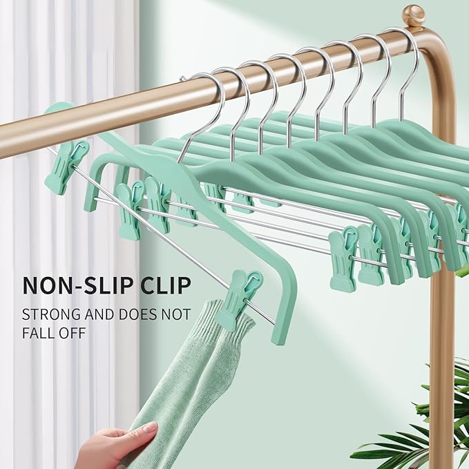 HUADYMEET 10 Pack 14 Inch Pants Skirt Hangers Non Slip,Plastic Jeans Trousers Hangers with Adjustable Clips and Swivel Hook for Women,Men,Heavy Duty Space Saving Clothes Hanger for Shorts,Slacks,Green