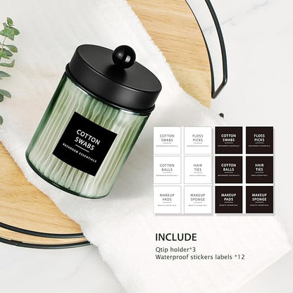 3 Pack Apothecary Jar Canisters Bathroom Vanity Organizer - Qtip Holder Storage Organizer Set Countertop Canister with Stainless Steel Lids &Cute Stickers for Qtips,Cotton Swabs,Makeup Sponges,Floss