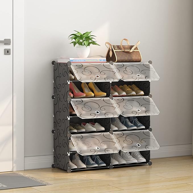 KOUSI Portable Shoe Rack Organizer 24 Pair Tower Shelf Storage Cabinet Stand Expandable for Heels, Boots, Slippers 6 Tier Black,Clear,32 inches x12 inches x36 inches