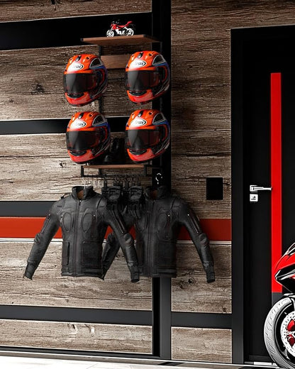 Vieshful Motorcycle Helmet Holder Wall Mount, Helmet Organize Rack with 2 Layer Wooden Boards and 4 Hat Stands,Helmet Hanger for Motorcycle Accesories Storage with 4 Glove Chips and 10 hooks