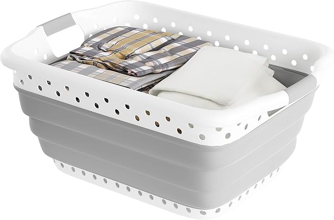 Lavish Home Collapsible Plastic Laundry Basket - Space-Saving Portable Clothes Hamper with Comfort Grip Handles for Laundry Room Organization and Storage (Gray)