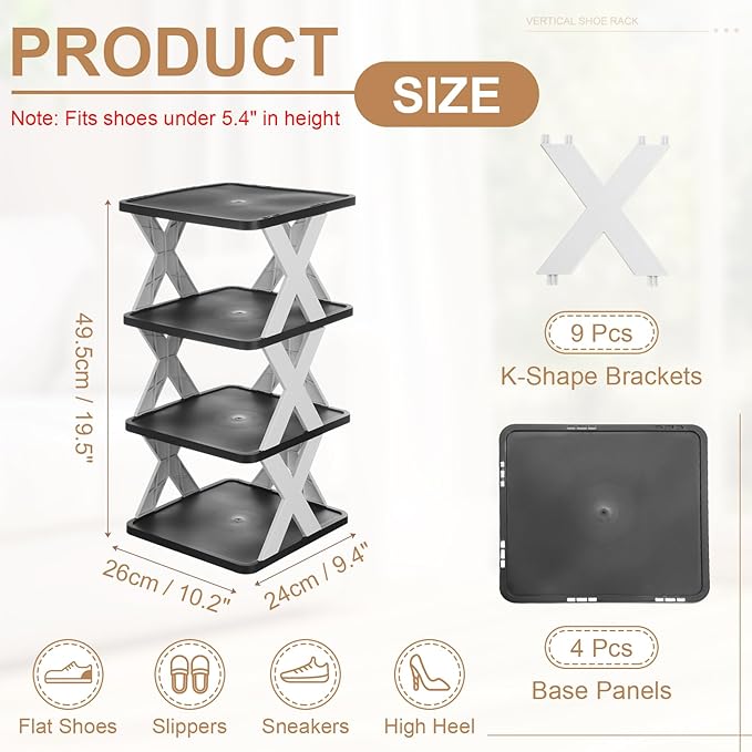 uxcell 4-Tier Plastic Shoe Rack, Vertical Shoe Rack Stackable Storage Organizer Folding Space-Saving Narrow Slot Shelf for Closet Livingroom Entryway Garage, White/Black