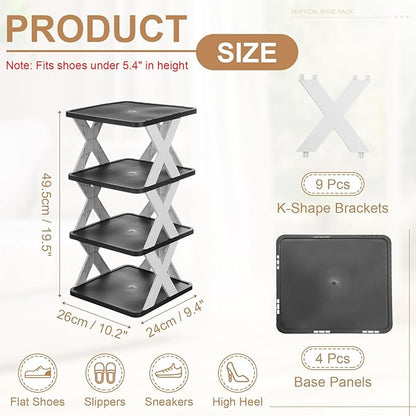 uxcell 4-Tier Plastic Shoe Rack, Vertical Shoe Rack Stackable Storage Organizer Folding Space-Saving Narrow Slot Shelf for Closet Livingroom Entryway Garage, White/Black