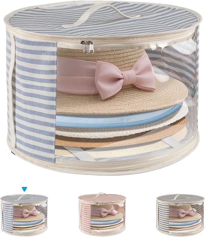 1 Pack Hat Storage Box with Clear Window, Holds up to 7 Caps Cowboy Hat Organizer Bag for Closet for Wide Brim Hats with Carrying Handles, Blue