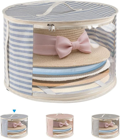 1 Pack Hat Storage Box with Clear Window, Holds up to 7 Caps Cowboy Hat Organizer Bag for Closet for Wide Brim Hats with Carrying Handles, Blue