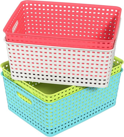 Medium Plastic Woven Storage Basket, Colorful Storage Basket, 4 Packs