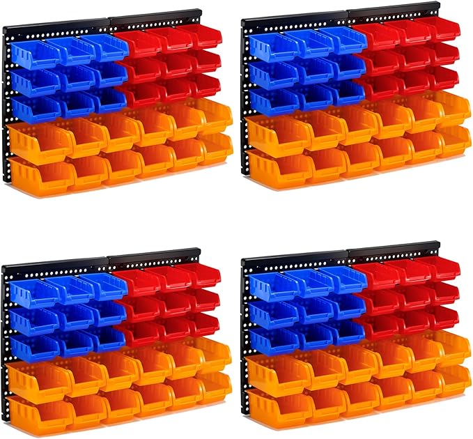 30-Bin Wall Mounted Storage Bins Kit, Tool Organizer Rack, Garage Hardware Organizer, Parts Storage Bins, DIY Combination 4 Set (Red & Blue & Orange Type)