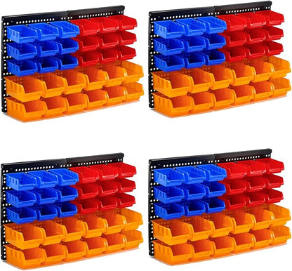 30-Bin Wall Mounted Storage Bins Kit, Tool Organizer Rack, Garage Hardware Organizer, Parts Storage Bins, DIY Combination 4 Set (Red & Blue & Orange Type)