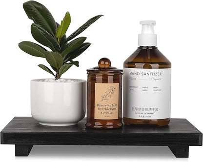Bathroom Counter Organizer Wood Pedestal Stand Farmhouse Decorative Tray Soap Holder for Kitchen Decor, Large 11.8" x 7" - Black