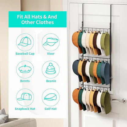 HapiRm Over Door Hat Rack - 3 Tier Wall Mounted Hat Organizer with 24 Hooks, Baseball Cap Organizer Storage Holds up to 24 Caps for Door, Bedroom, Closet