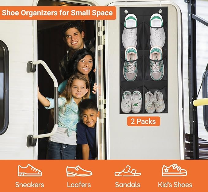 KIMBORA 2 Packs Narrow Over the Door/Wall Shoe Organizer, Small Hanging Shoe Rack for Closet with Clear Mesh Pocket for Bathroom, RV, Pantry, Camping (Black)
