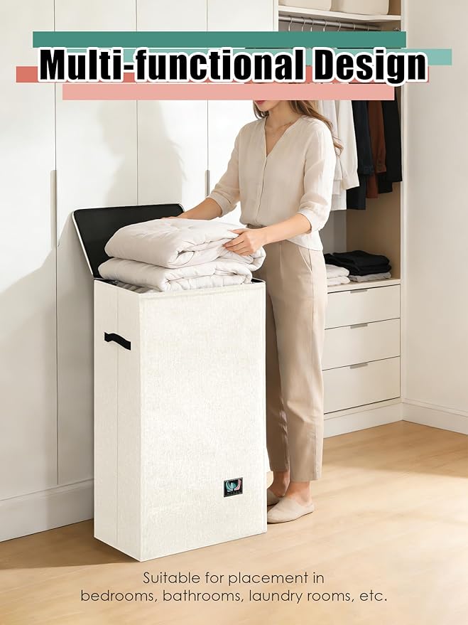WTREE Laundry Hamper with Lid, Reinforced Sturdy Clothes Hamper with Anti-Puncture Base, Large Collapsible Laundry Basket with Removable Liner Bag, Tall Dirty Clothes Bin for Family, 100L Cream